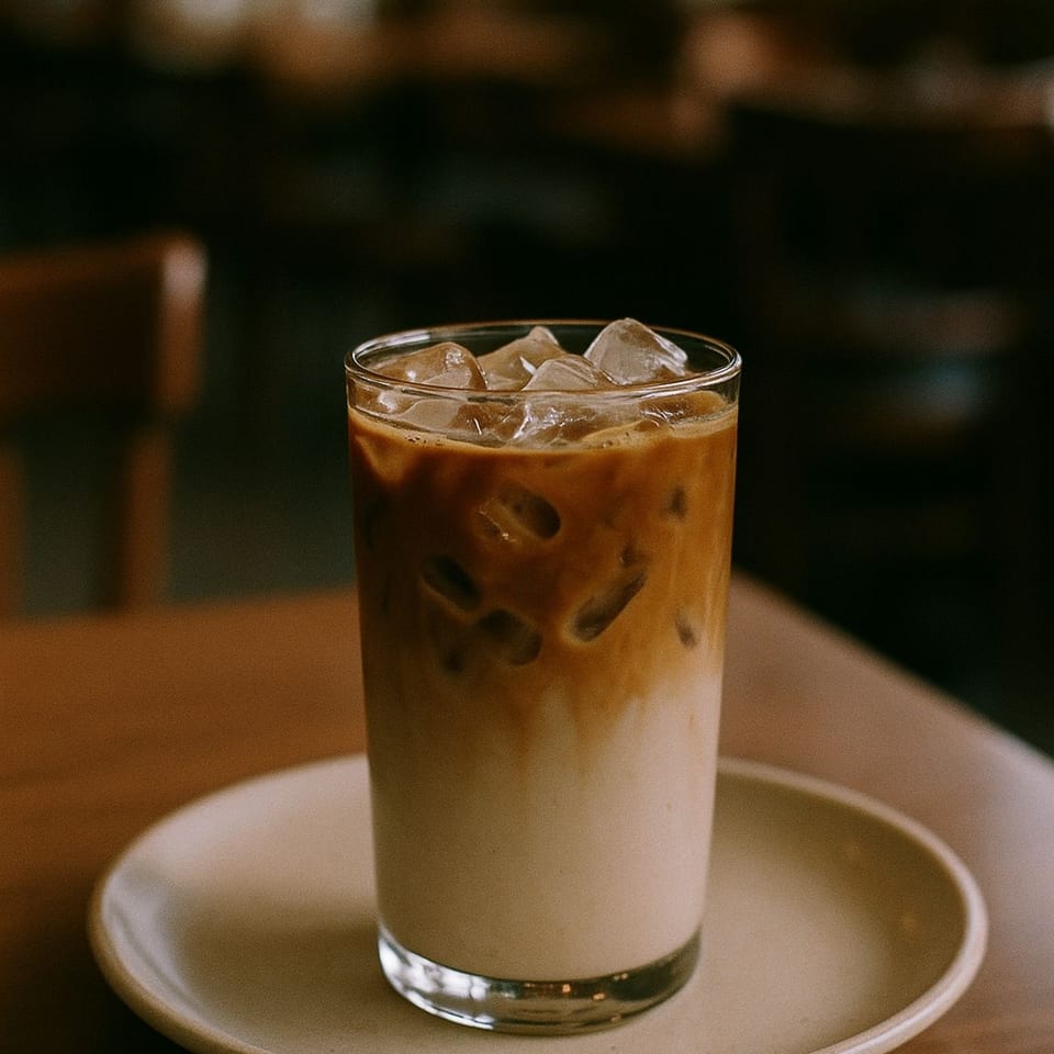 Iced latte with distinct layers of coffee and milk, served on a light saucer at Annex Coffee.