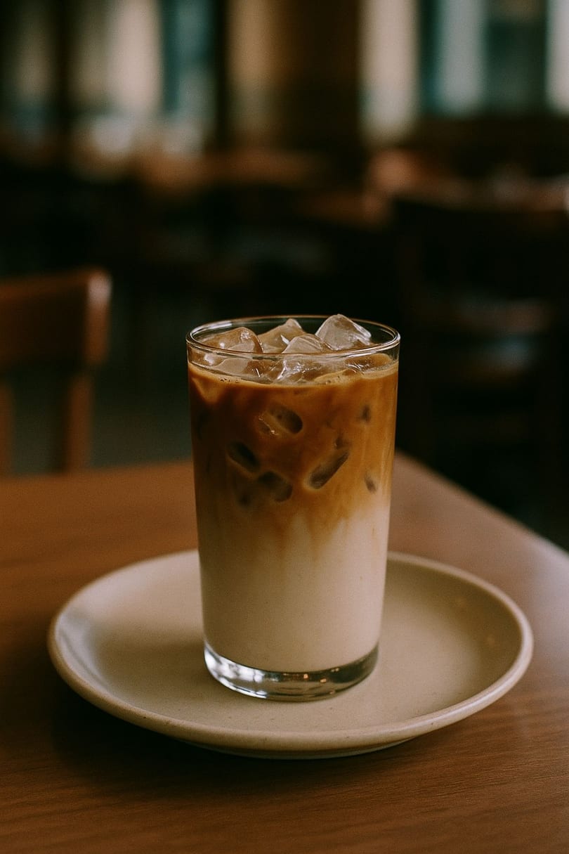 Iced latte with distinct layers of coffee and milk, served on a light saucer at Annex Coffee.
