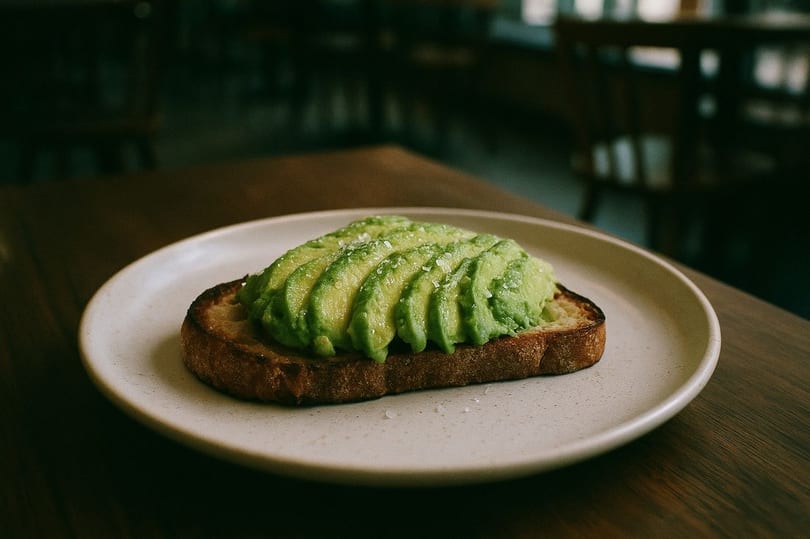 Avocado toast with sliced avocado and sea salt on a white plate at Annex Coffee.