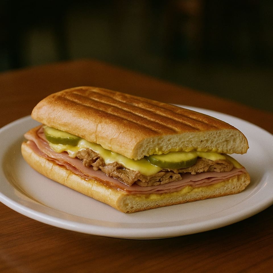 A Cuban sandwich from Annex Coffee, with ham, cheese, pickles, and mustard on a white plate.