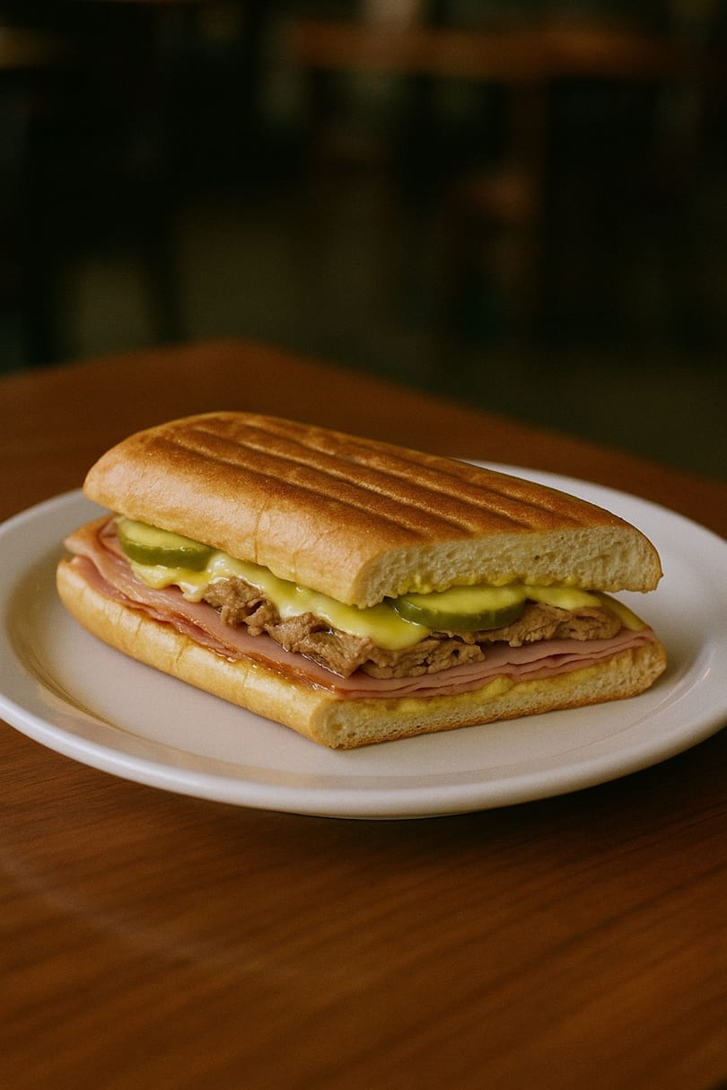 A Cuban sandwich from Annex Coffee, with ham, cheese, pickles, and mustard on a white plate.