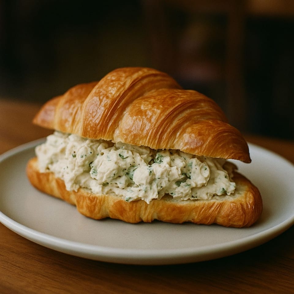 A golden croissant filled with creamy chicken salad and herbs on a light plate.
