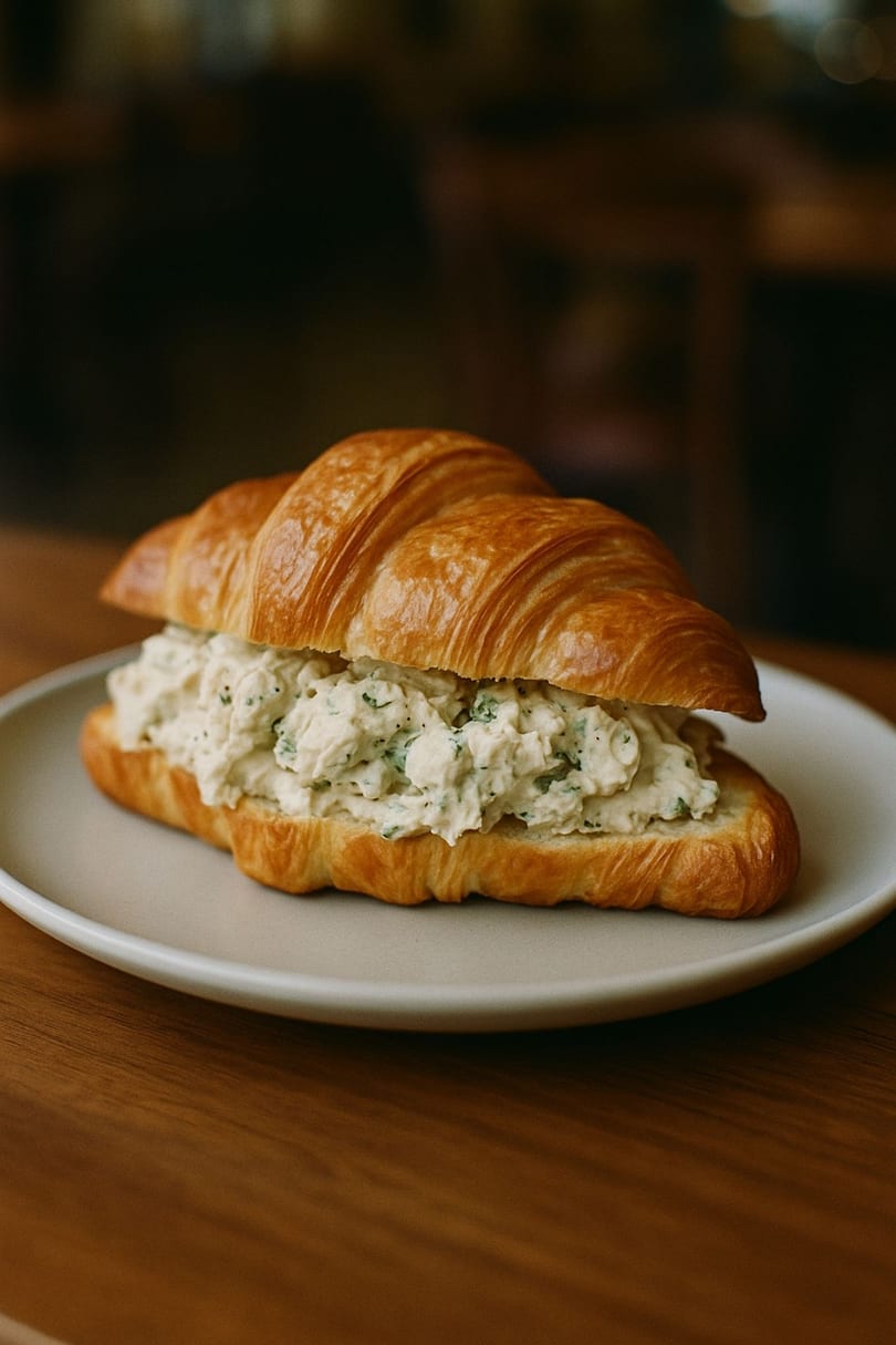 A golden croissant filled with creamy chicken salad and herbs on a light plate.