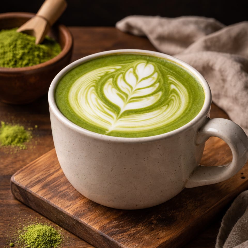 A matcha latte with latte art on a wooden board, with matcha powder in a bowl.