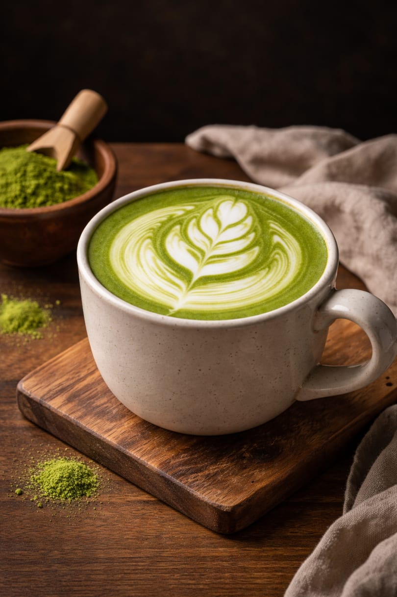 A matcha latte with latte art on a wooden board, with matcha powder in a bowl.